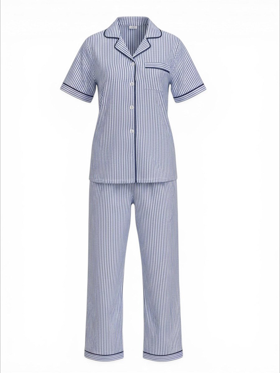 Blue Striped Cotton Shirt and Pyjama Set with Contrast Piping