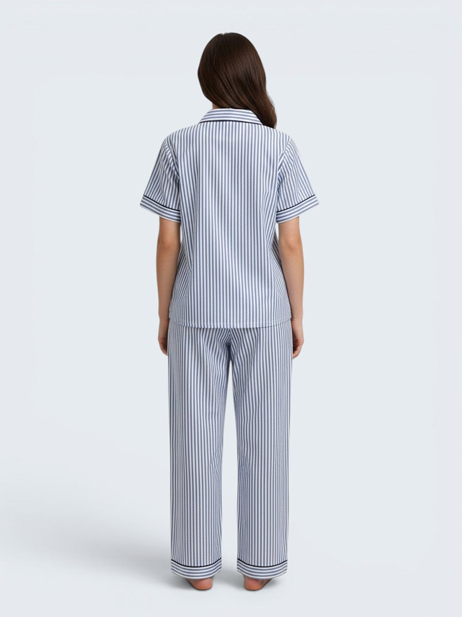 Blue Striped Cotton Shirt and Pyjama Set with Contrast Piping