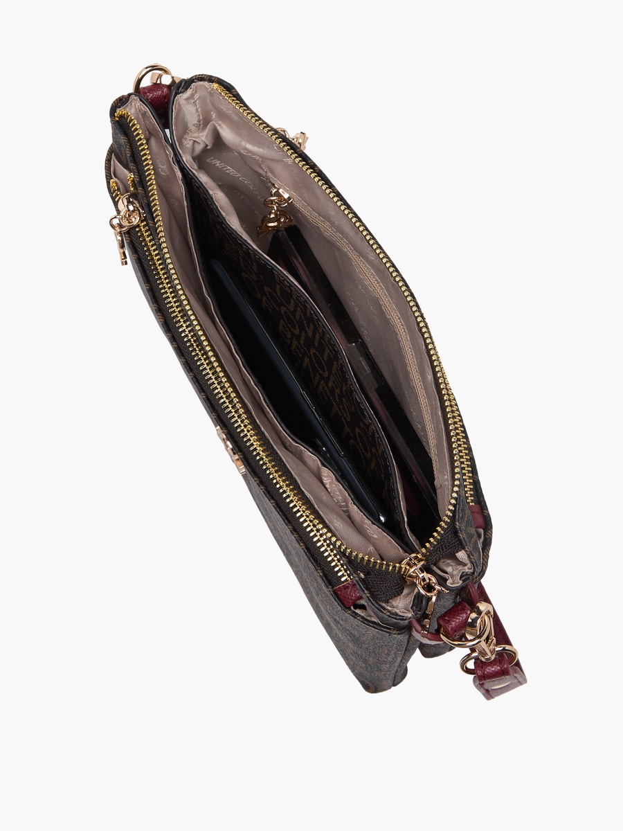 Monogram Print Crossbody Bag with Zip Closure