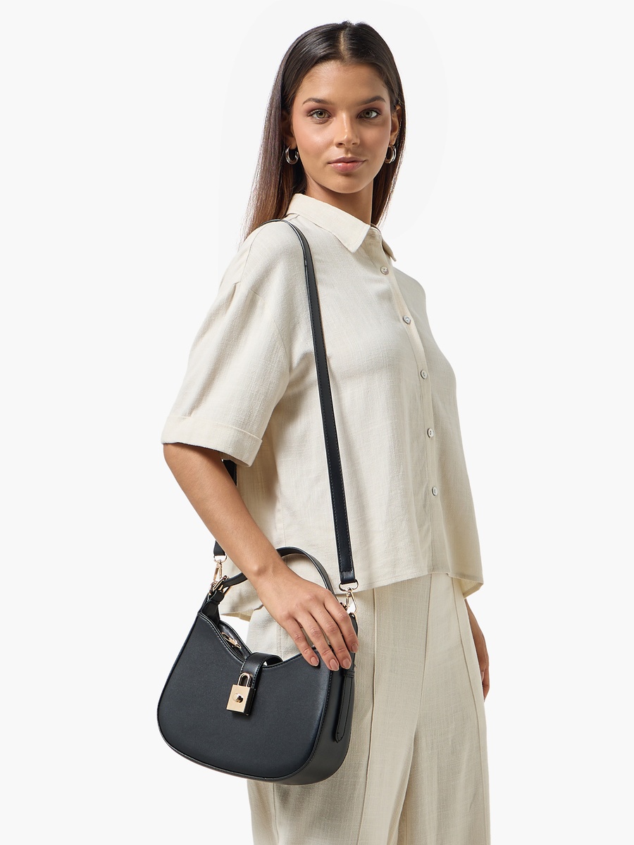 Lock Charm Detail Crossbody Bag with Detachable Strap