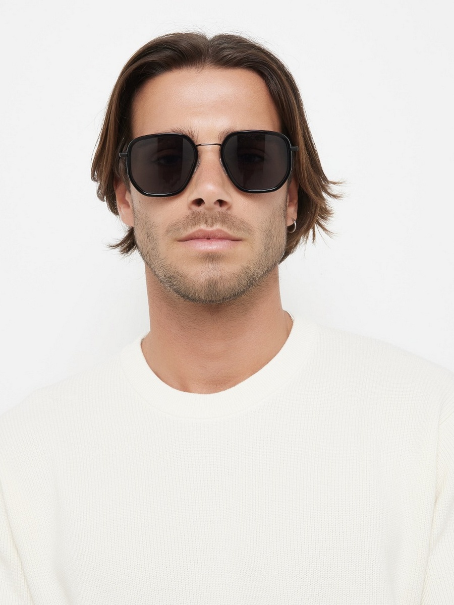 Men Black Lens 55 mm Geometric Sunglasses - 30S-000281-0101