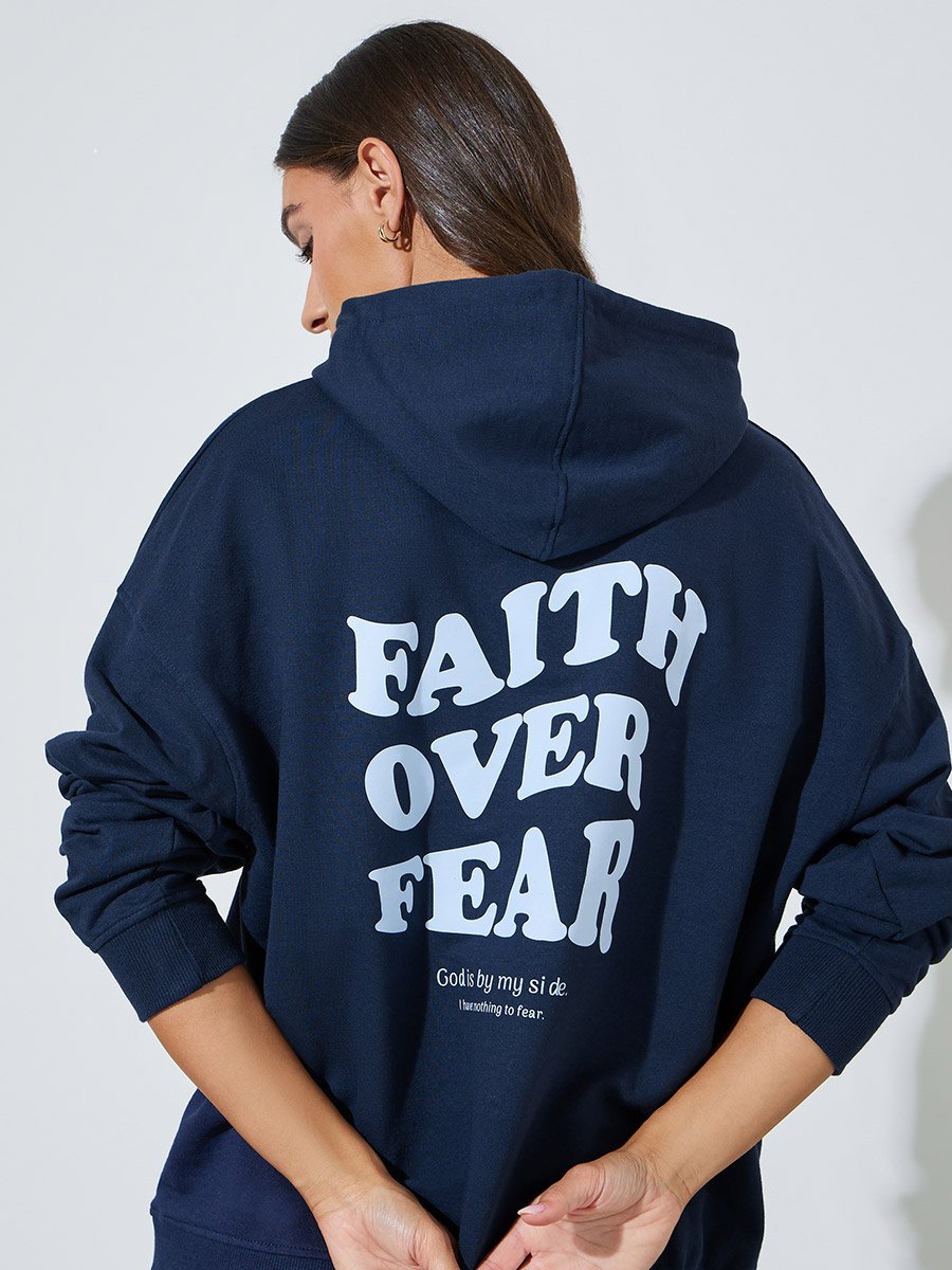 Dark Blue Slogan Print Oversized Hoodie