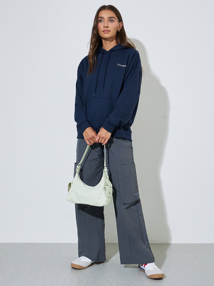 Dark Blue Slogan Print Oversized Hoodie