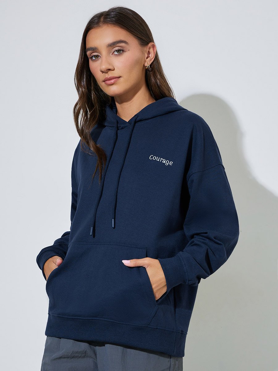 Dark Blue Slogan Print Oversized Hoodie