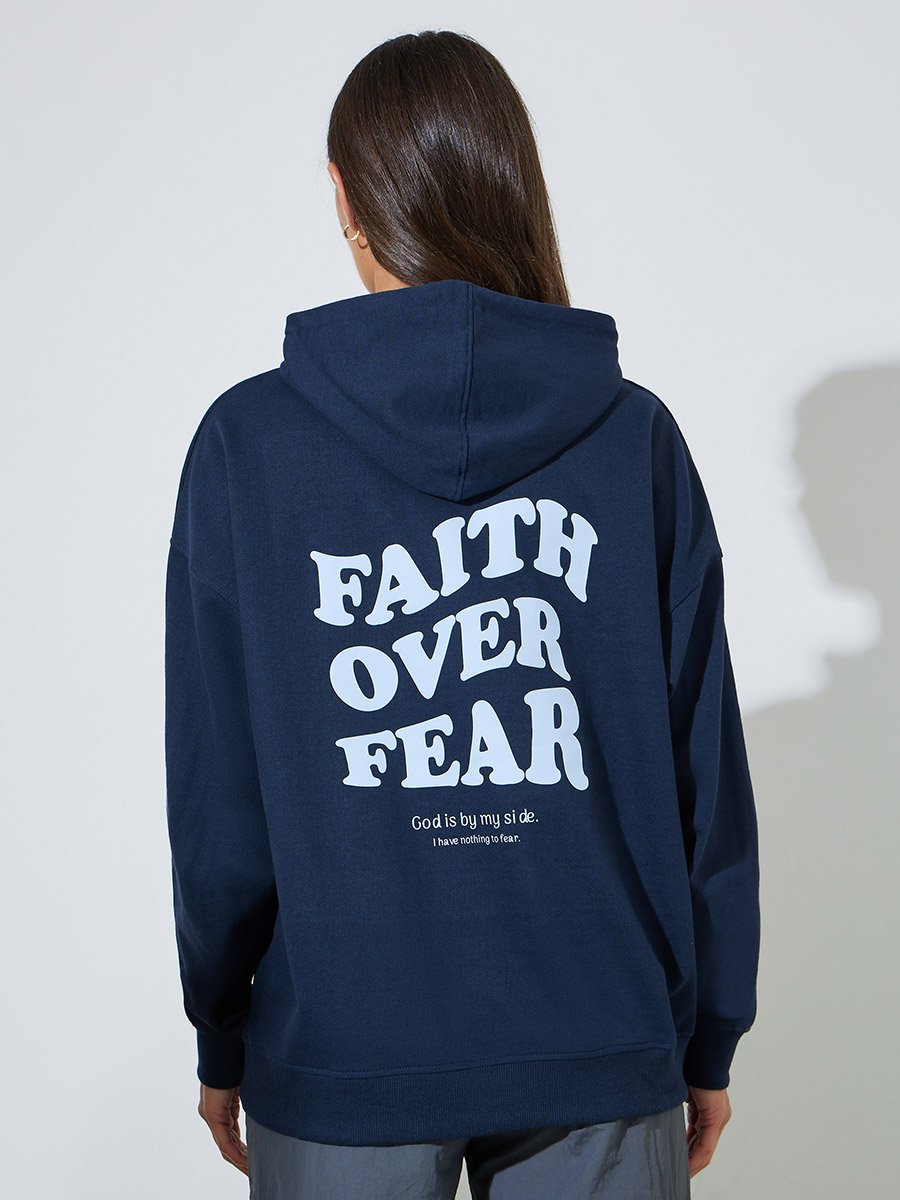Dark Blue Slogan Print Oversized Hoodie