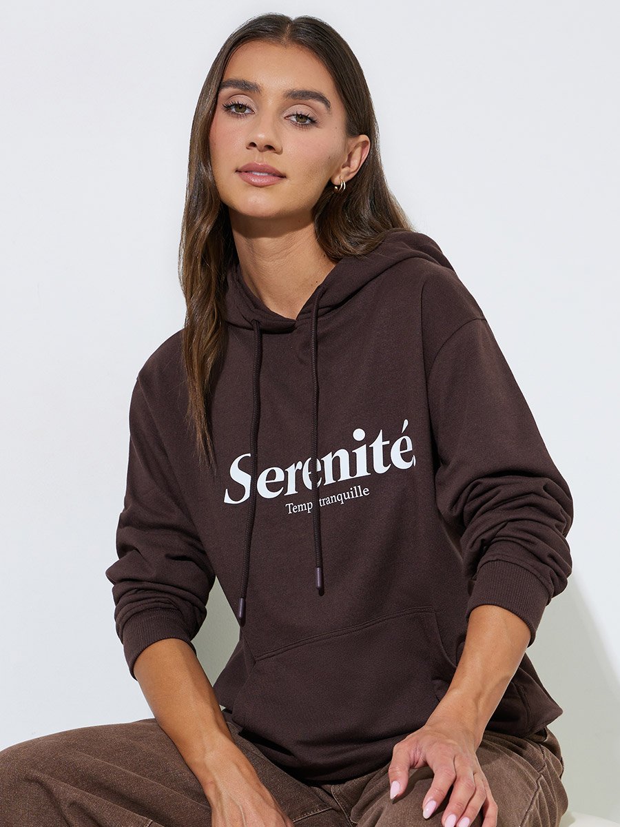 Coffee Brown Slogan Print Regular Fit Hoodie