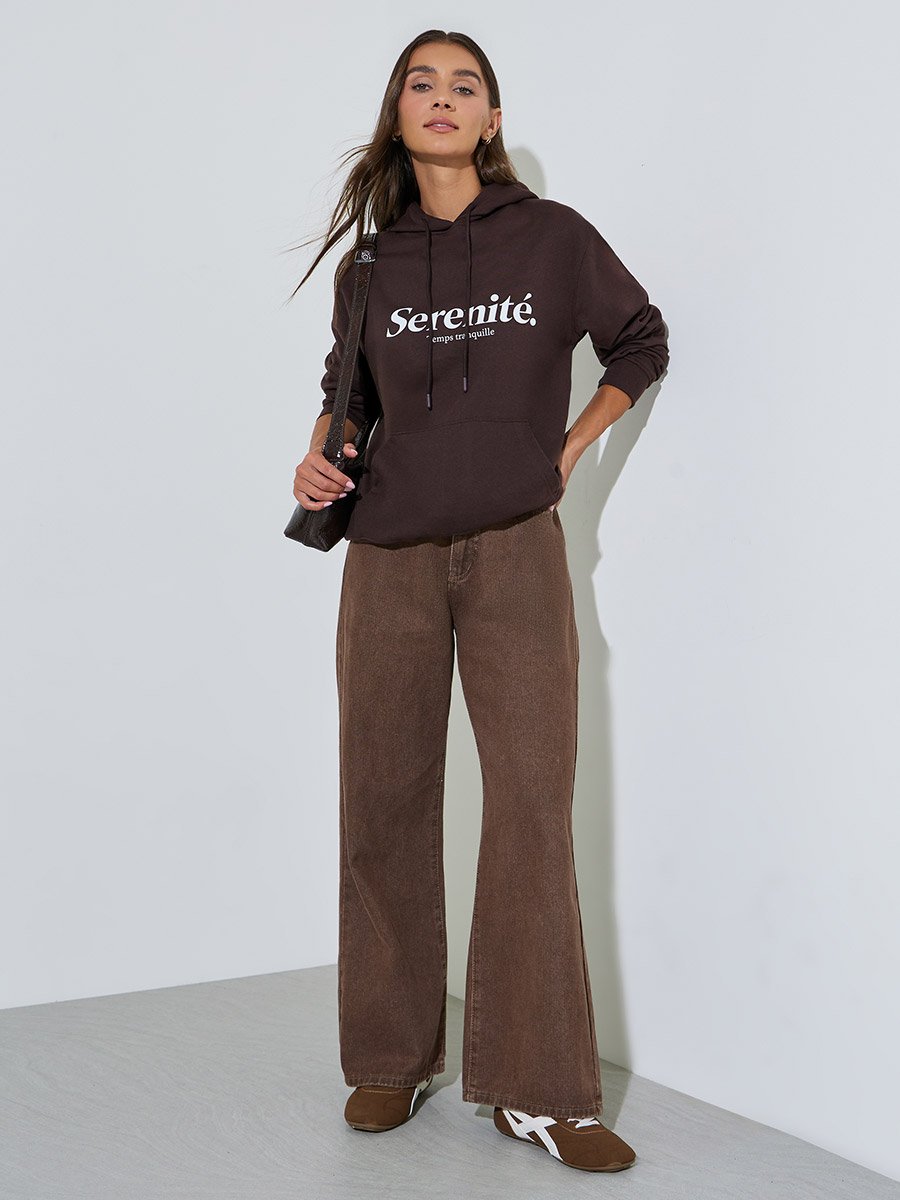 Coffee Brown Slogan Print Regular Fit Hoodie