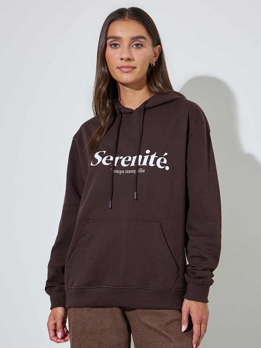 Coffee Brown Slogan Print Regular Fit Hoodie