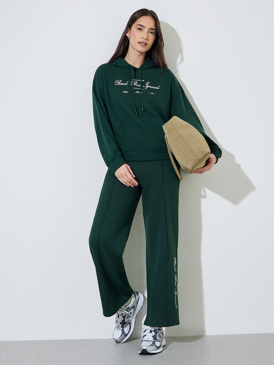Dark Green Embroidered Long Sleeves Oversized Hoodie