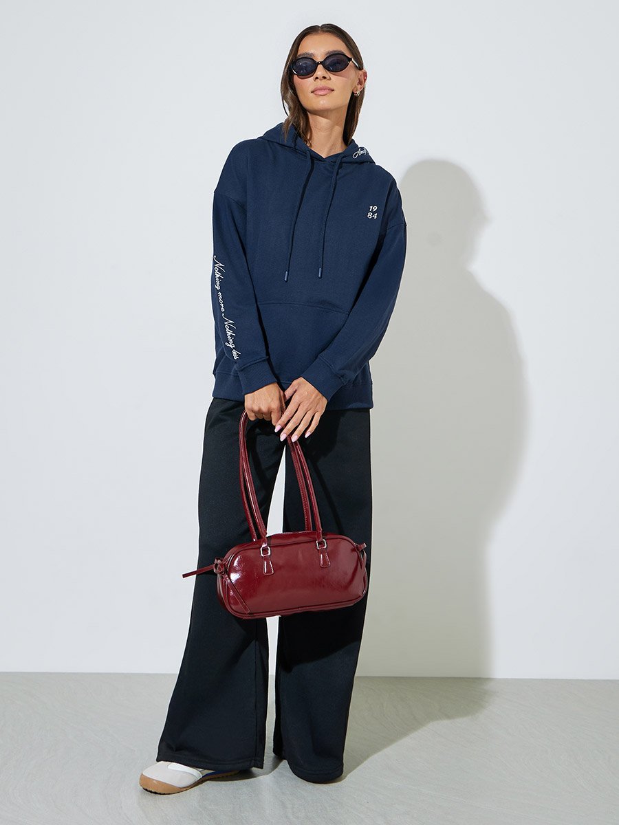 Navy Blue Slogan Embroidered Oversized Hoodie