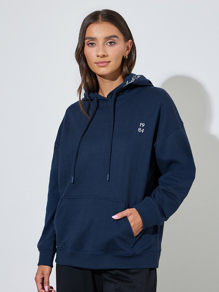 Navy Blue Slogan Embroidered Oversized Hoodie