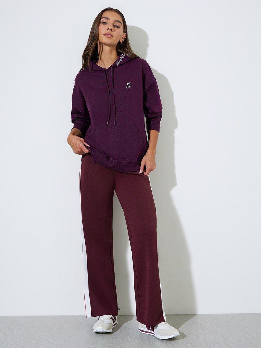 Purple Slogan Embroidered Oversized Hoodie