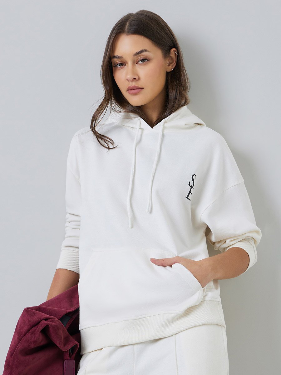 Off White Relaxed Longline Printed Hoodie