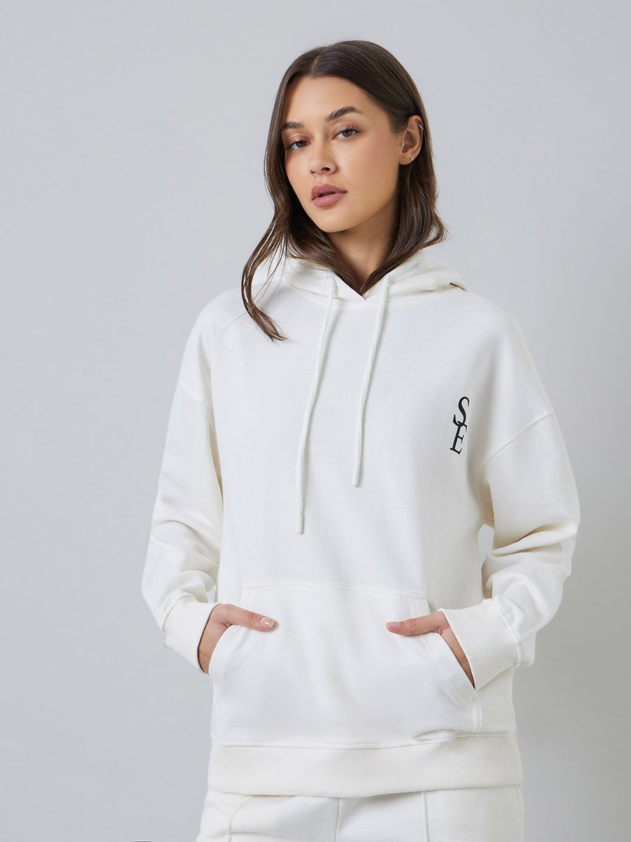 Off White Relaxed Longline Printed Hoodie