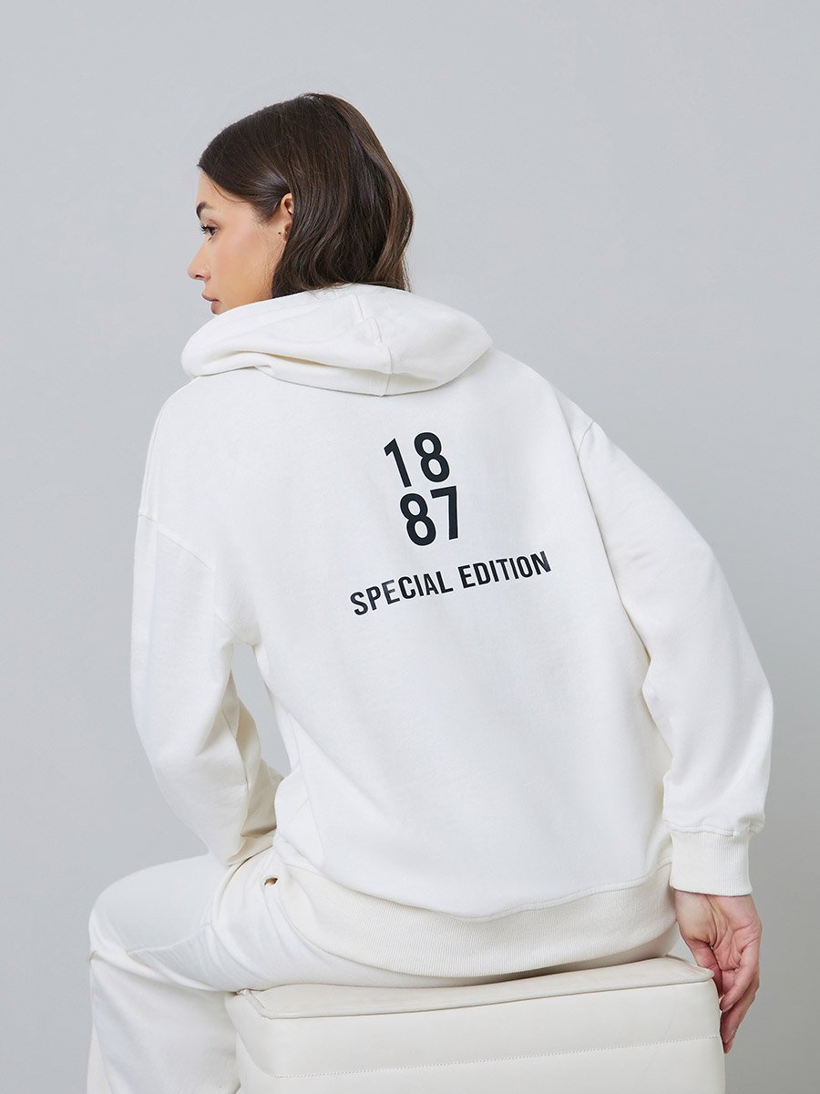 Off White Relaxed Longline Printed Hoodie