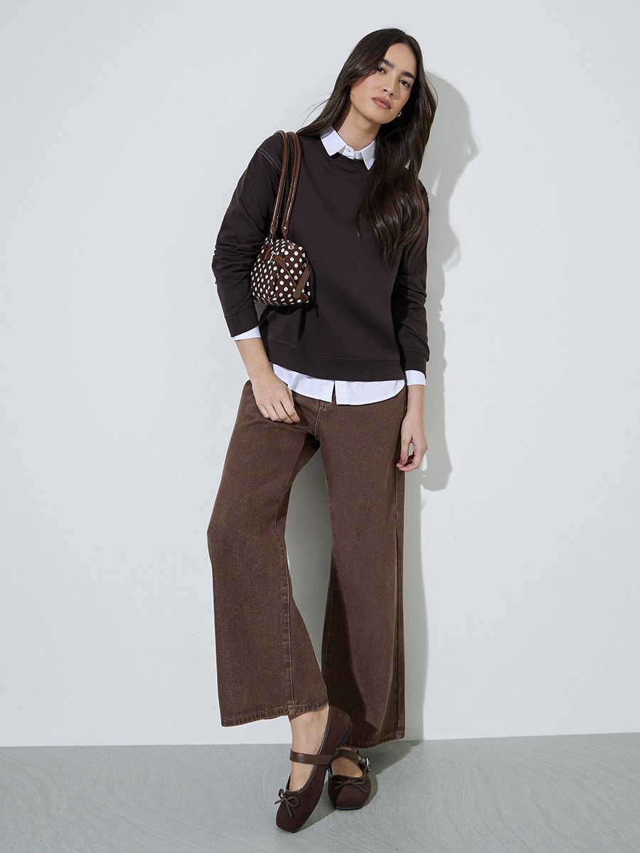 Coffee Brown Regular Fit Round Neck Sweatshirt