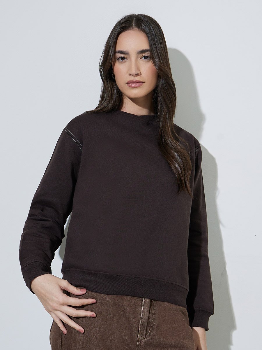 Coffee Brown Regular Fit Round Neck Sweatshirt