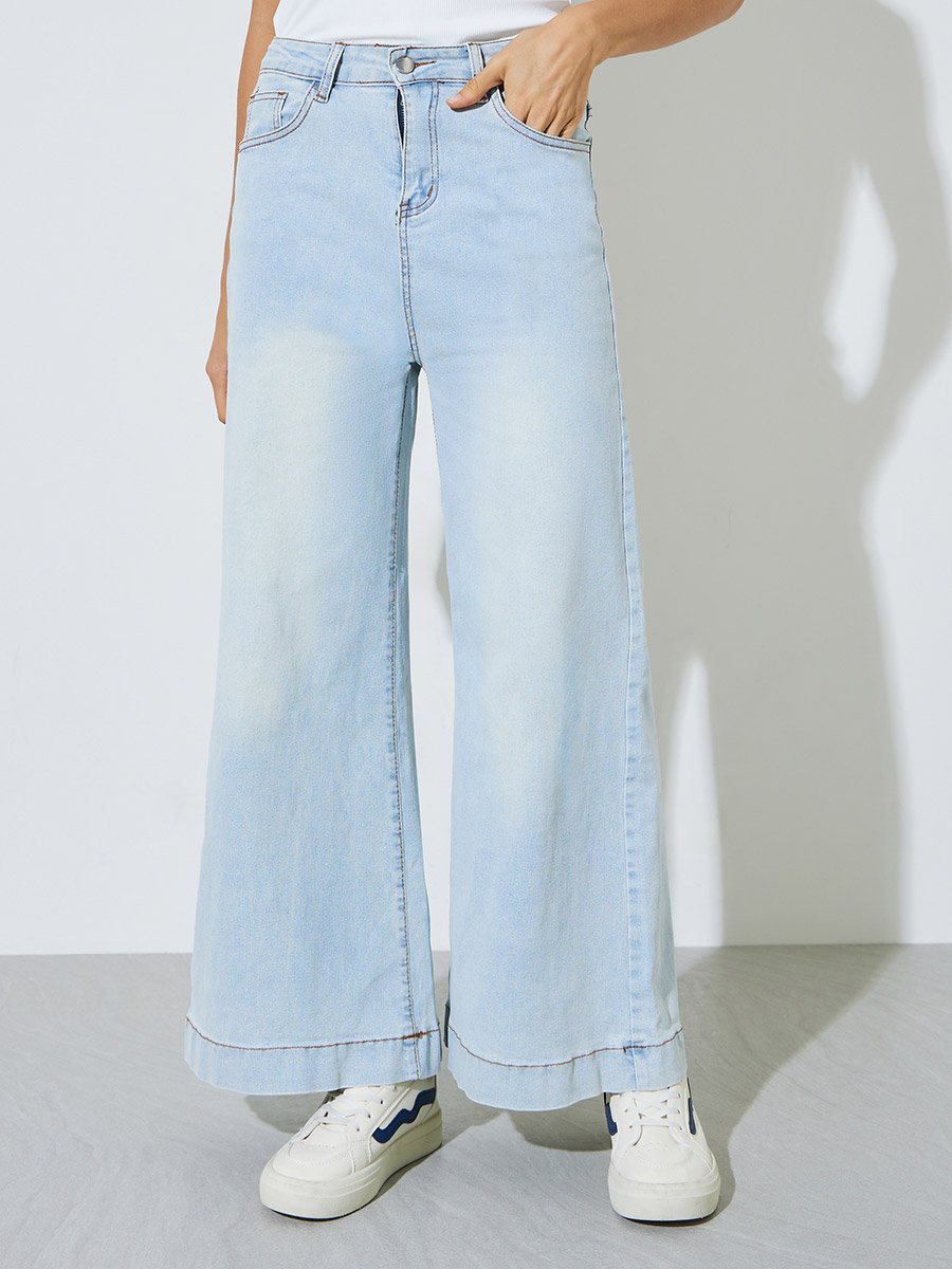 Light Blue Wide Leg Faded Jeans