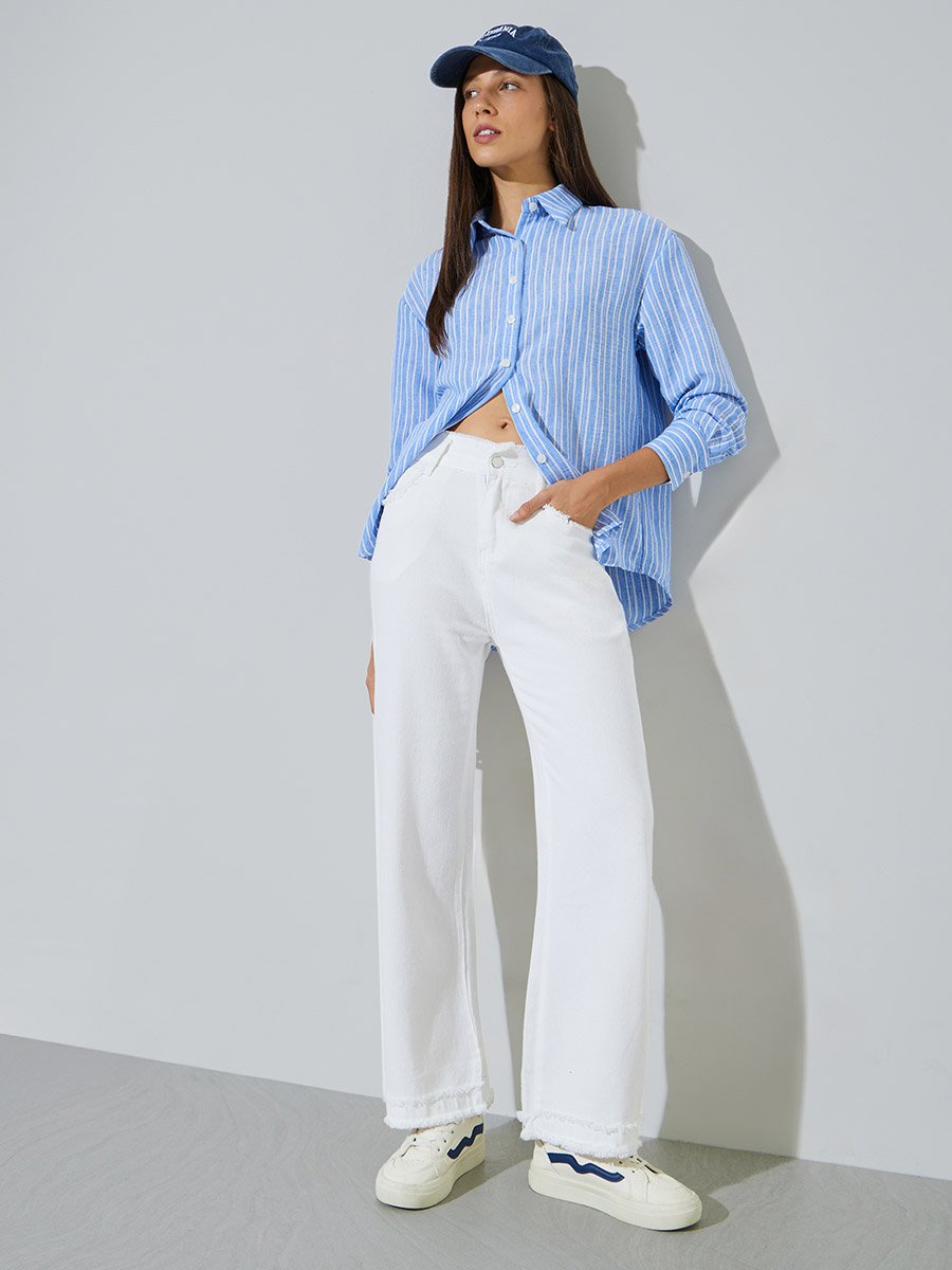 Off White Wide Leg Jeans with Frayed Raw-Edge