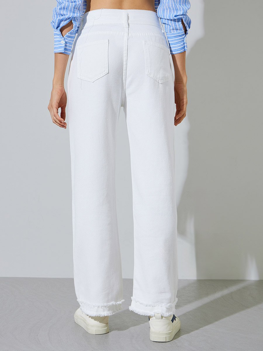 Off White Wide Leg Jeans with Frayed Raw-Edge