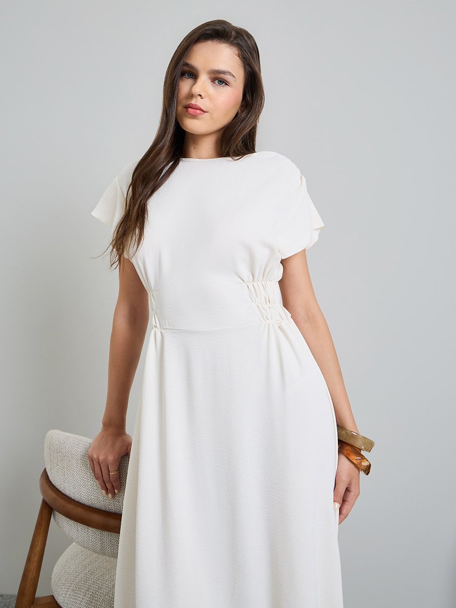 Beige Short Sleeves Ruched Details Maxi Dress