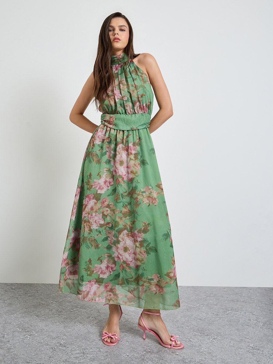 Multi-Color Graphic Print Ruched Details A-Line maxi Dress
