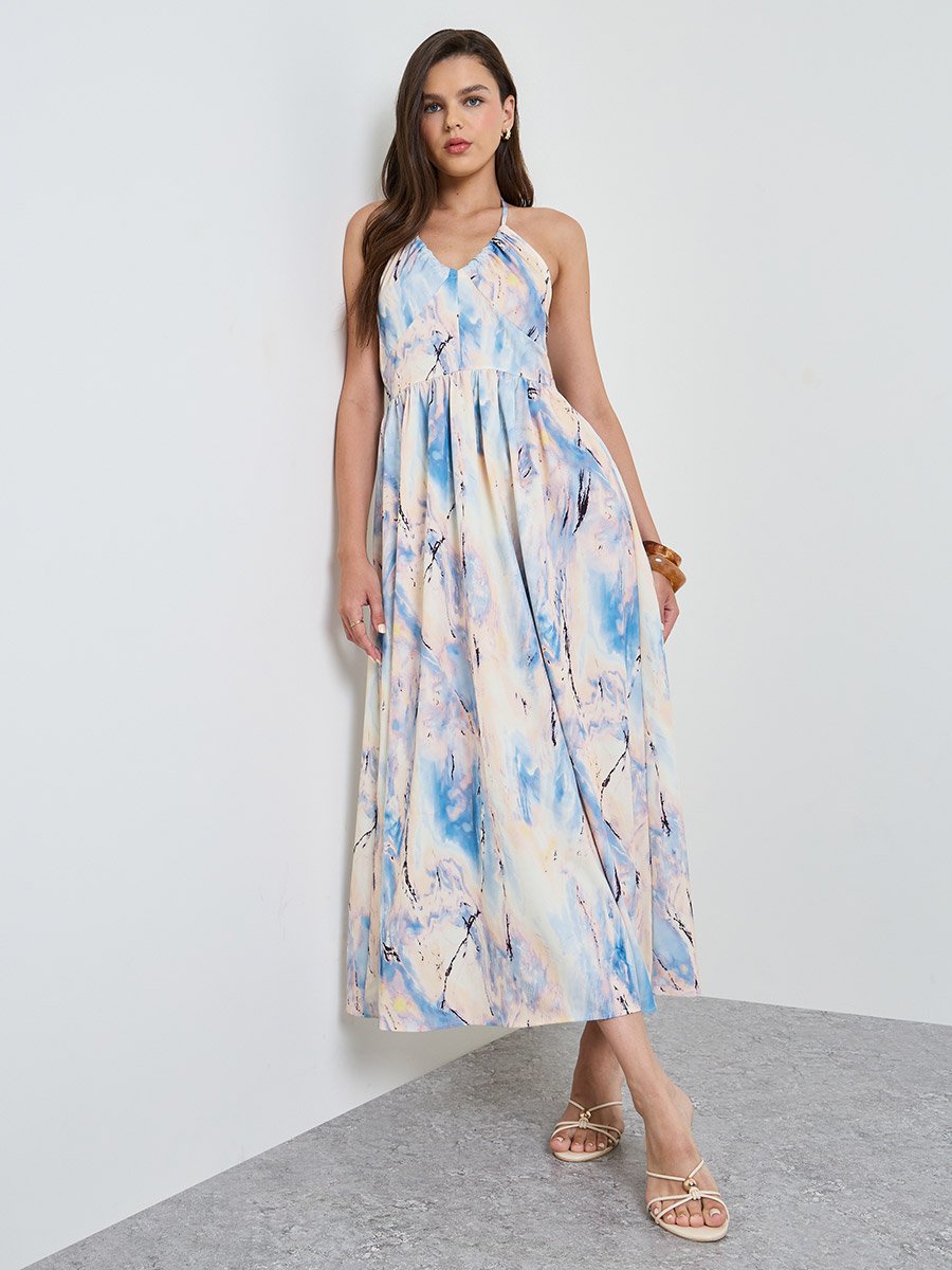 Multi-Color Graphic Print Halter Neck A-Line Maxi Dress