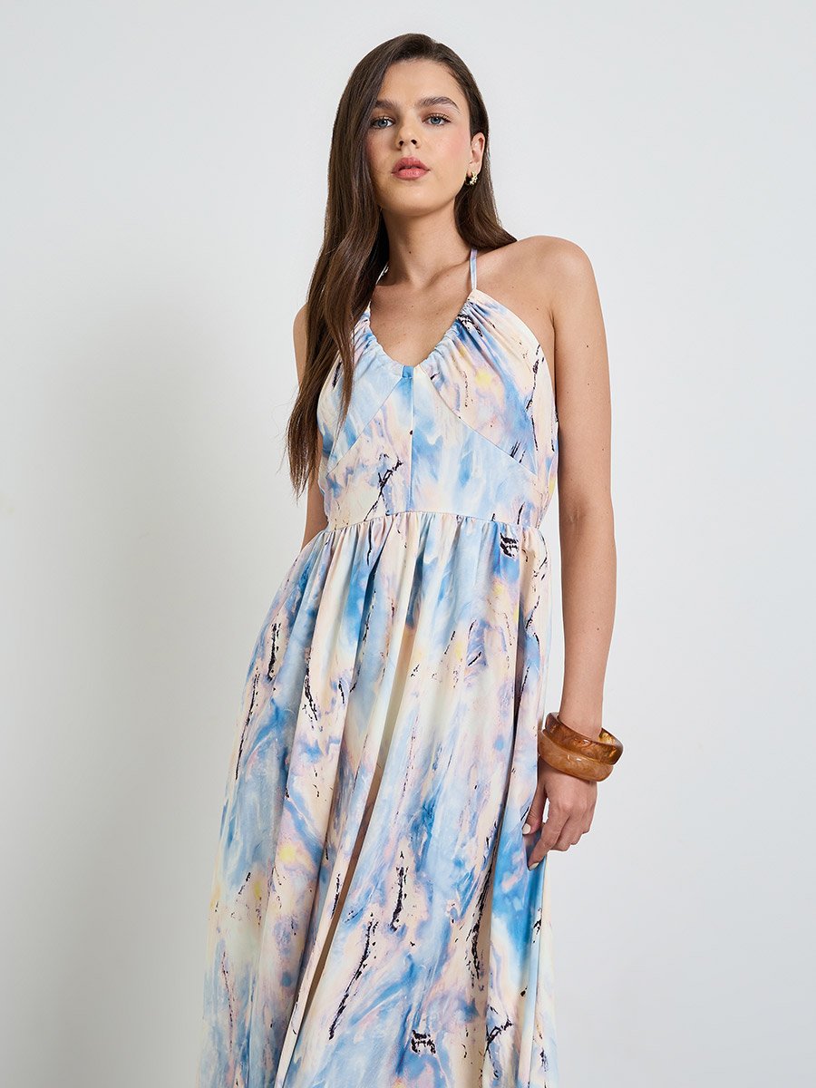 Multi-Color Graphic Print Halter Neck A-Line Maxi Dress