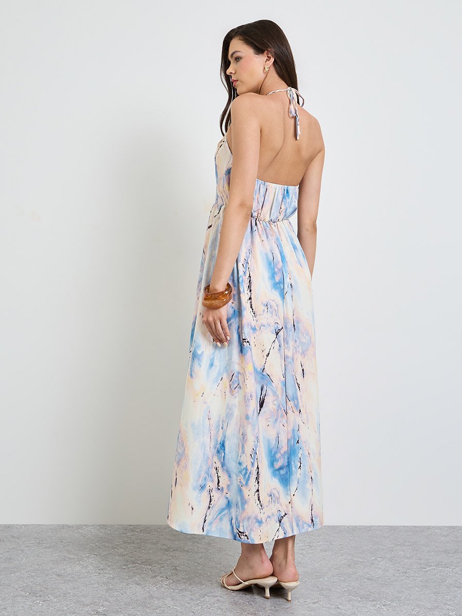 Multi-Color Graphic Print Halter Neck A-Line Maxi Dress