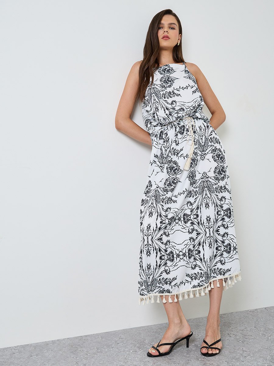 Multi-Color Graphic Print Tassel Details Strappy A-Line Maxi Dress