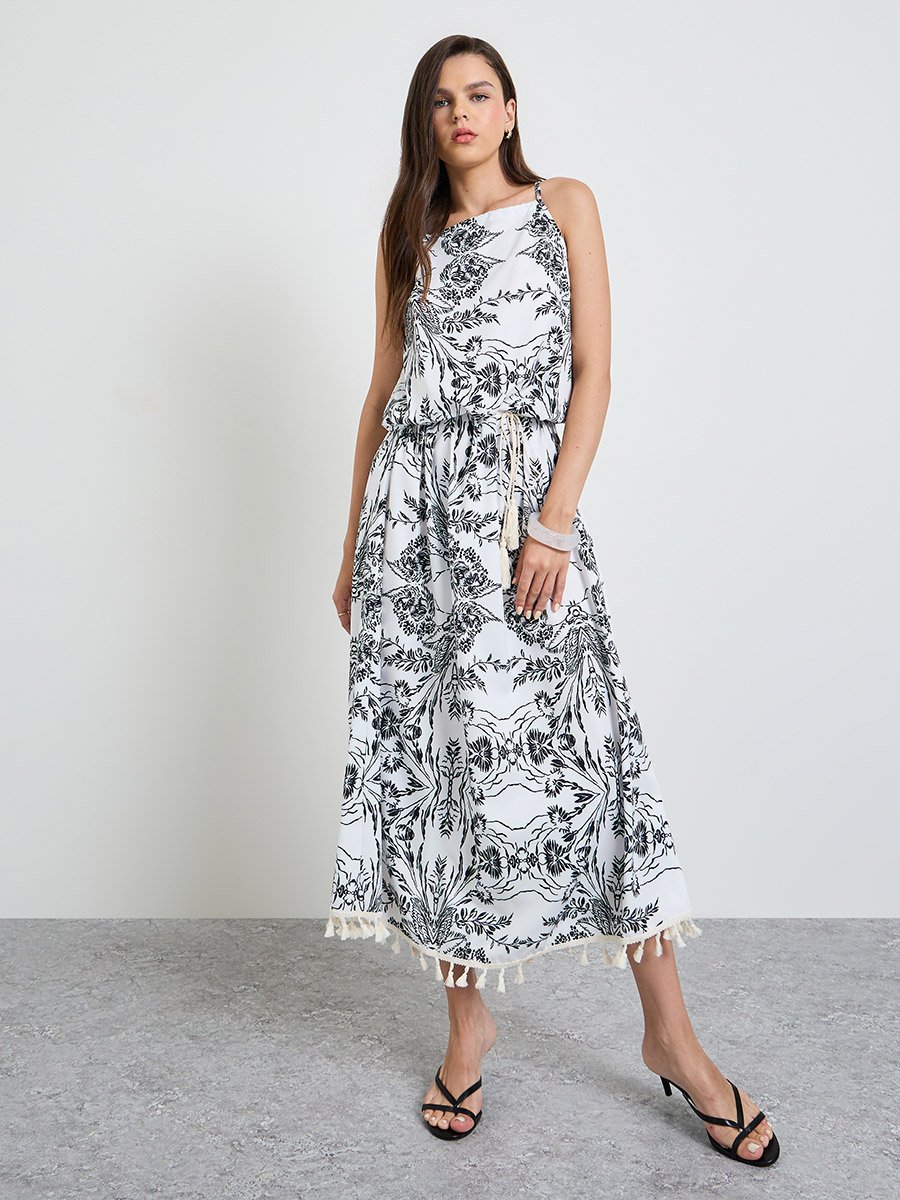Multi-Color Graphic Print Tassel Details Strappy A-Line Maxi Dress