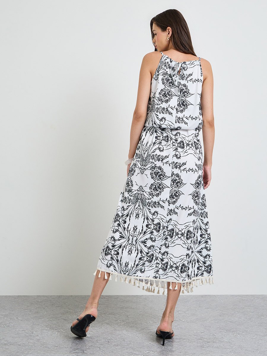 Multi-Color Graphic Print Tassel Details Strappy A-Line Maxi Dress