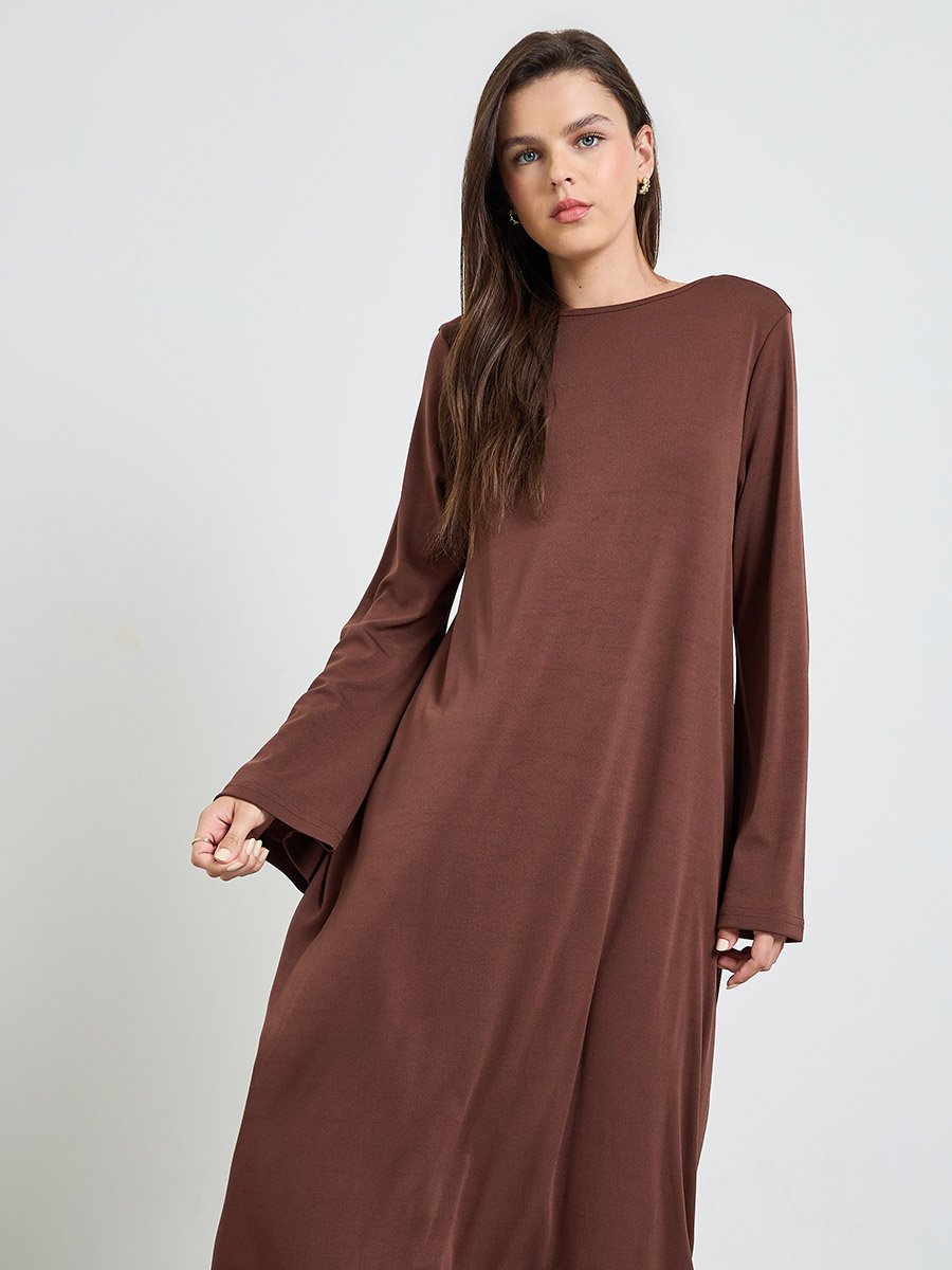 Coffee Brown Solid Long Sleeves Tunic Maxi Dress