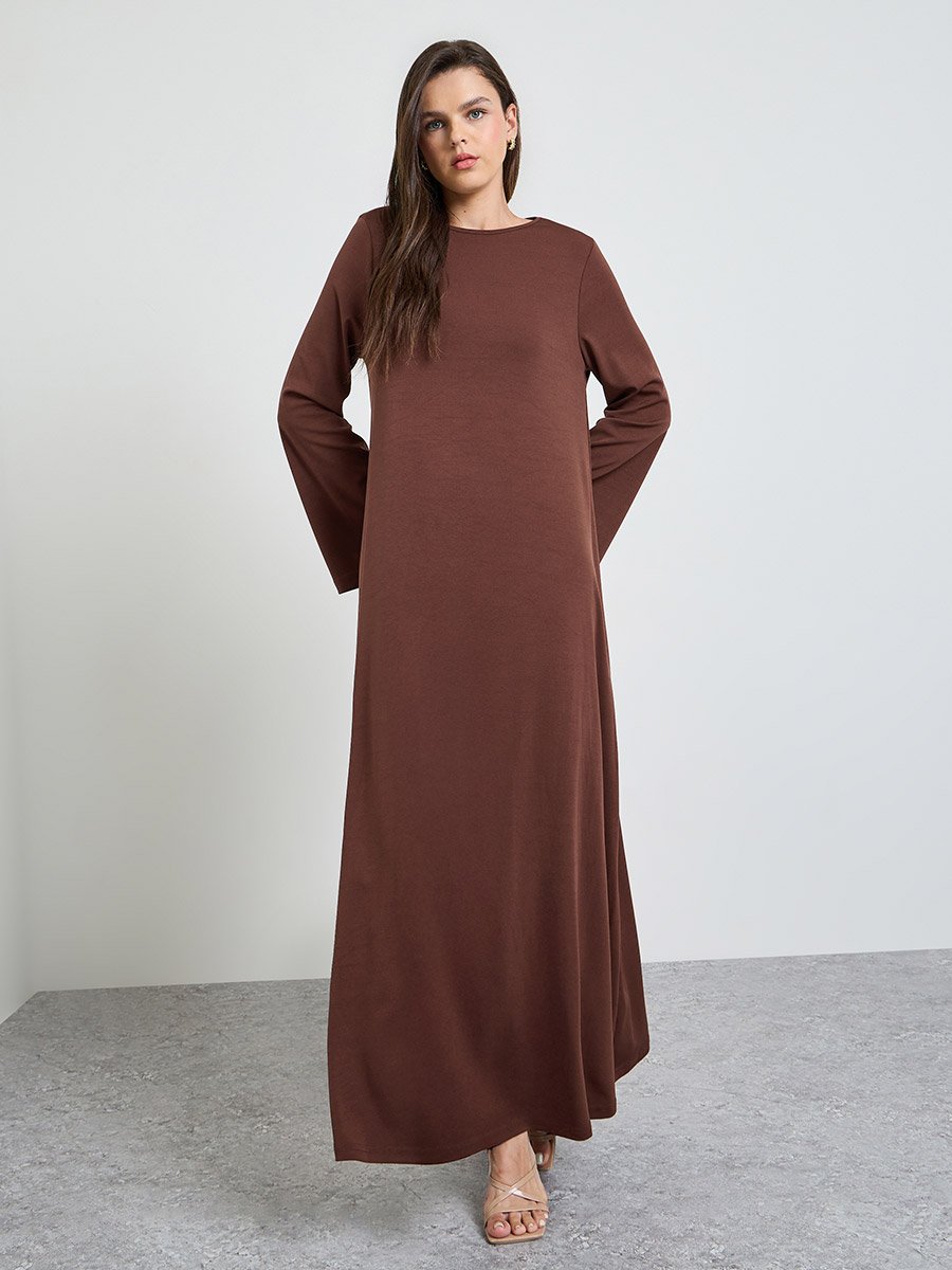 Coffee Brown Solid Long Sleeves Tunic Maxi Dress