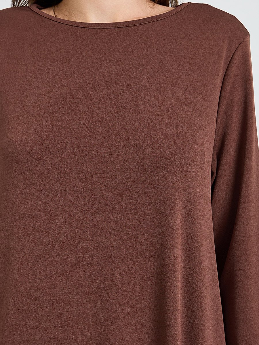Coffee Brown Solid Long Sleeves Tunic Maxi Dress