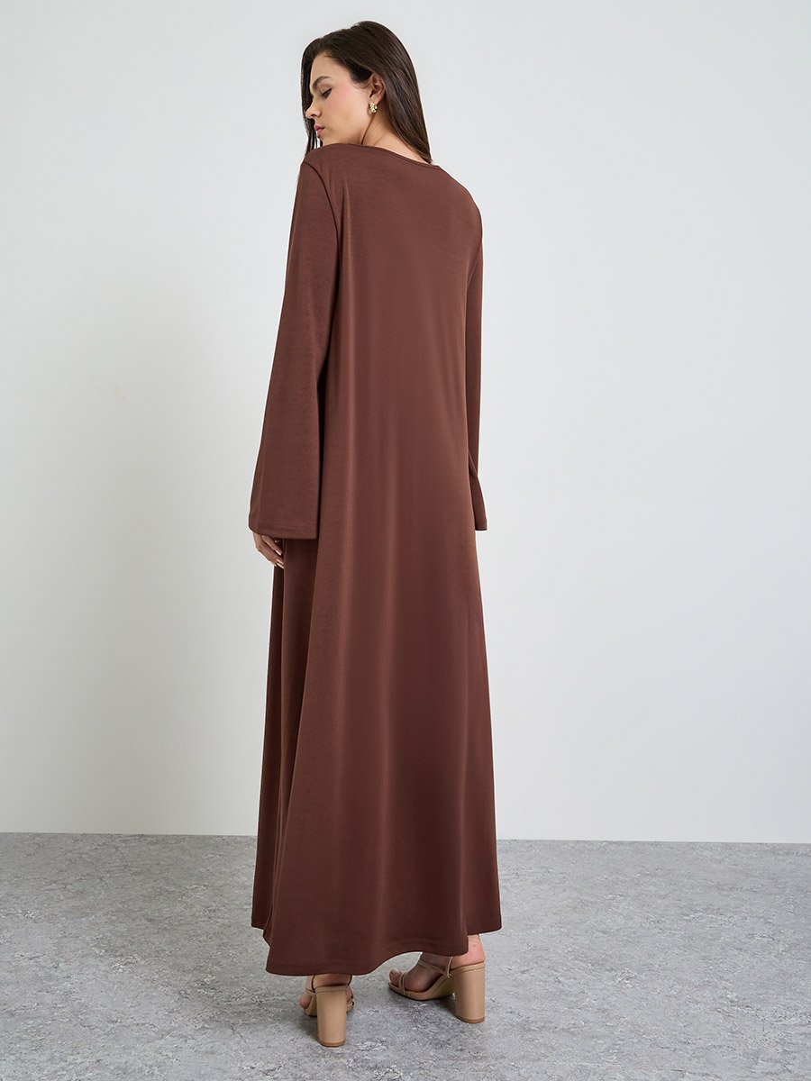 Coffee Brown Solid Long Sleeves Tunic Maxi Dress