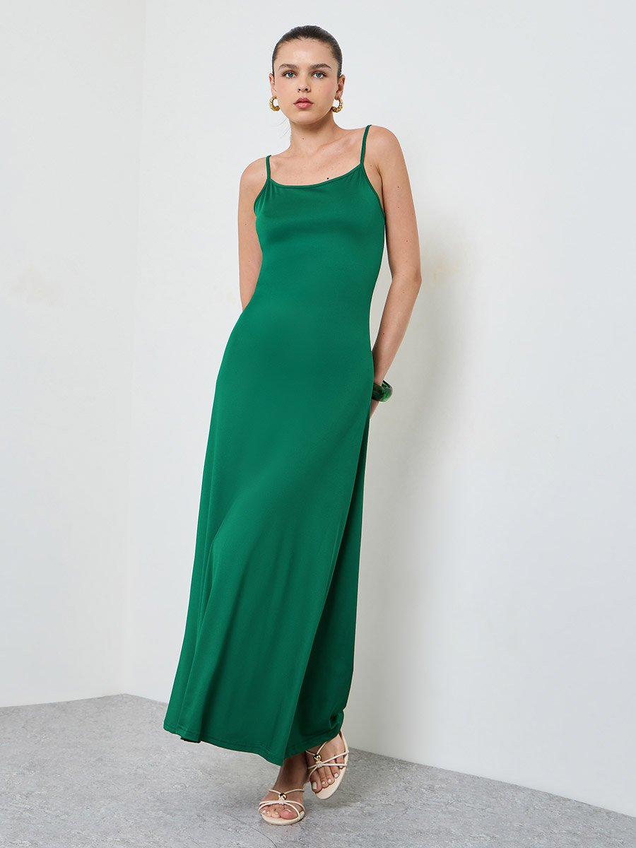 Green Solid Tie-Up Details Strappy Bodycon Maxi Dress
