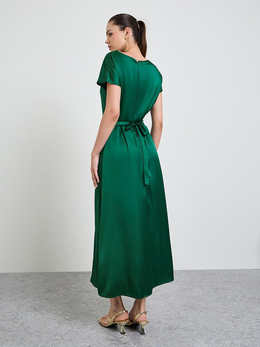Green Solid Tie-Up Short Sleeves Details Midi Dress