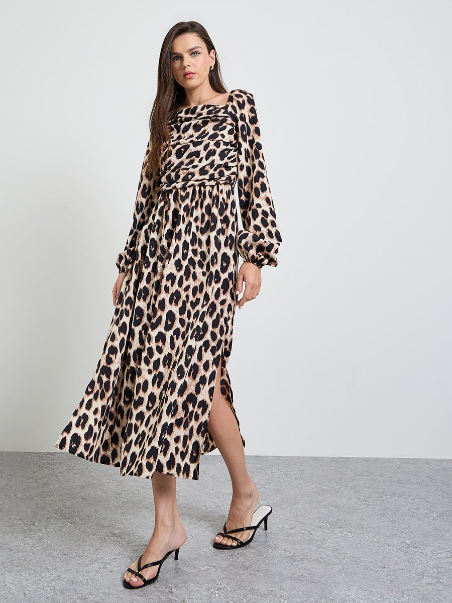 Multi-Color Leopard Print Side Slit Ruched Details Midi Dress