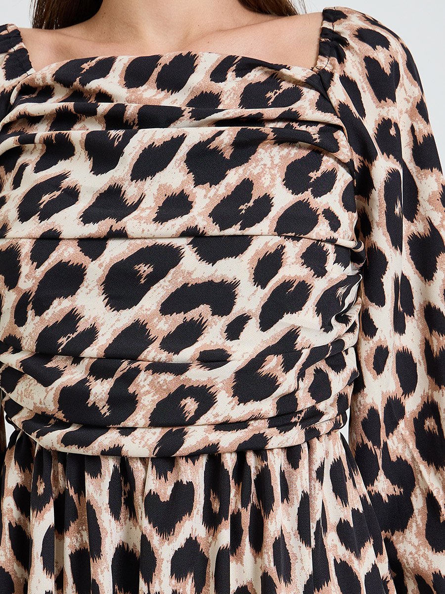 Multi-Color Leopard Print Side Slit Ruched Details Midi Dress