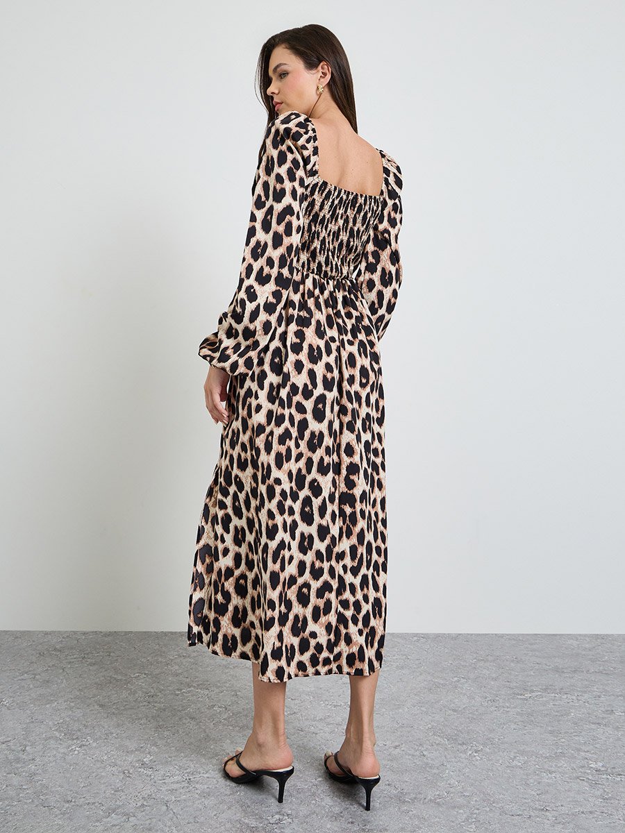 Multi-Color Leopard Print Side Slit Ruched Details Midi Dress