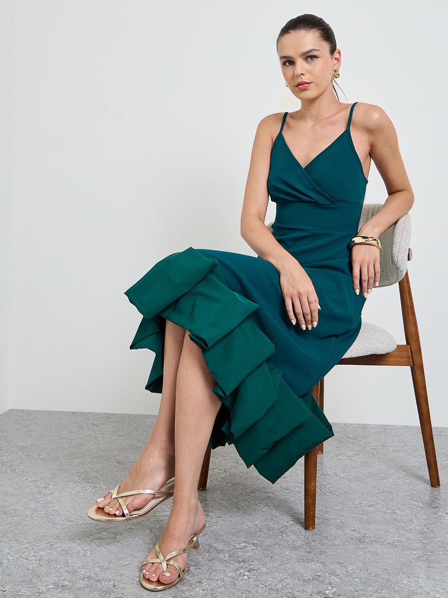 Turquoise Strappy A-Line Midi Dress with Ruffled Hem