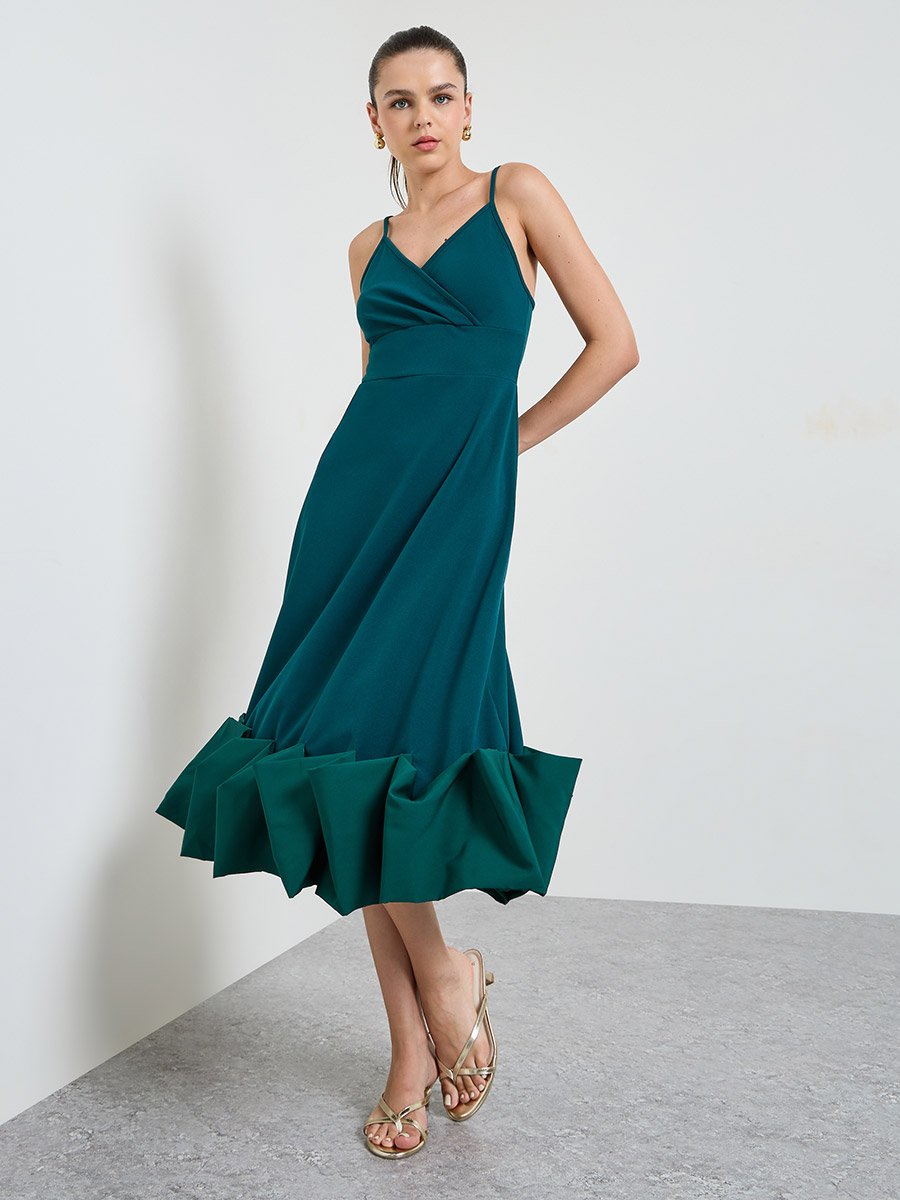 Turquoise Strappy A-Line Midi Dress with Ruffled Hem