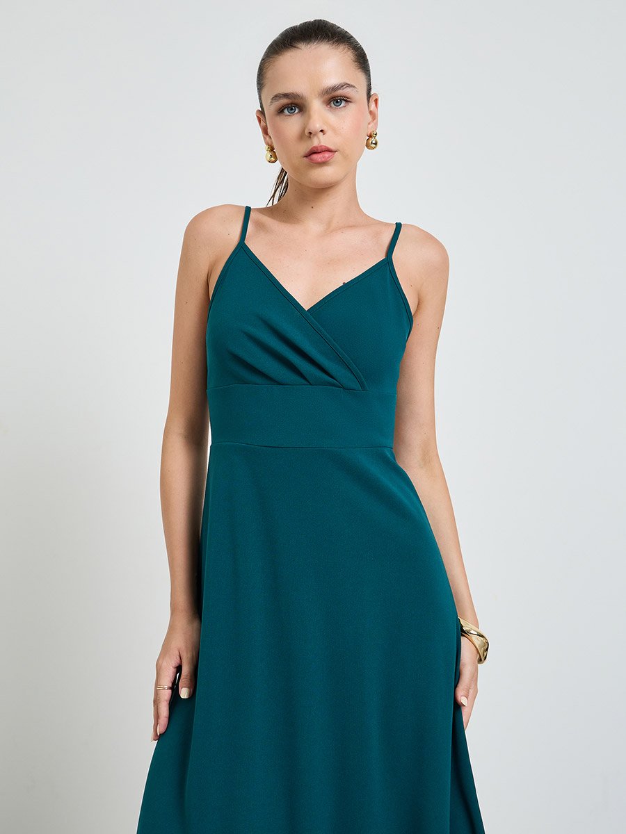 Turquoise Strappy A-Line Midi Dress with Ruffled Hem