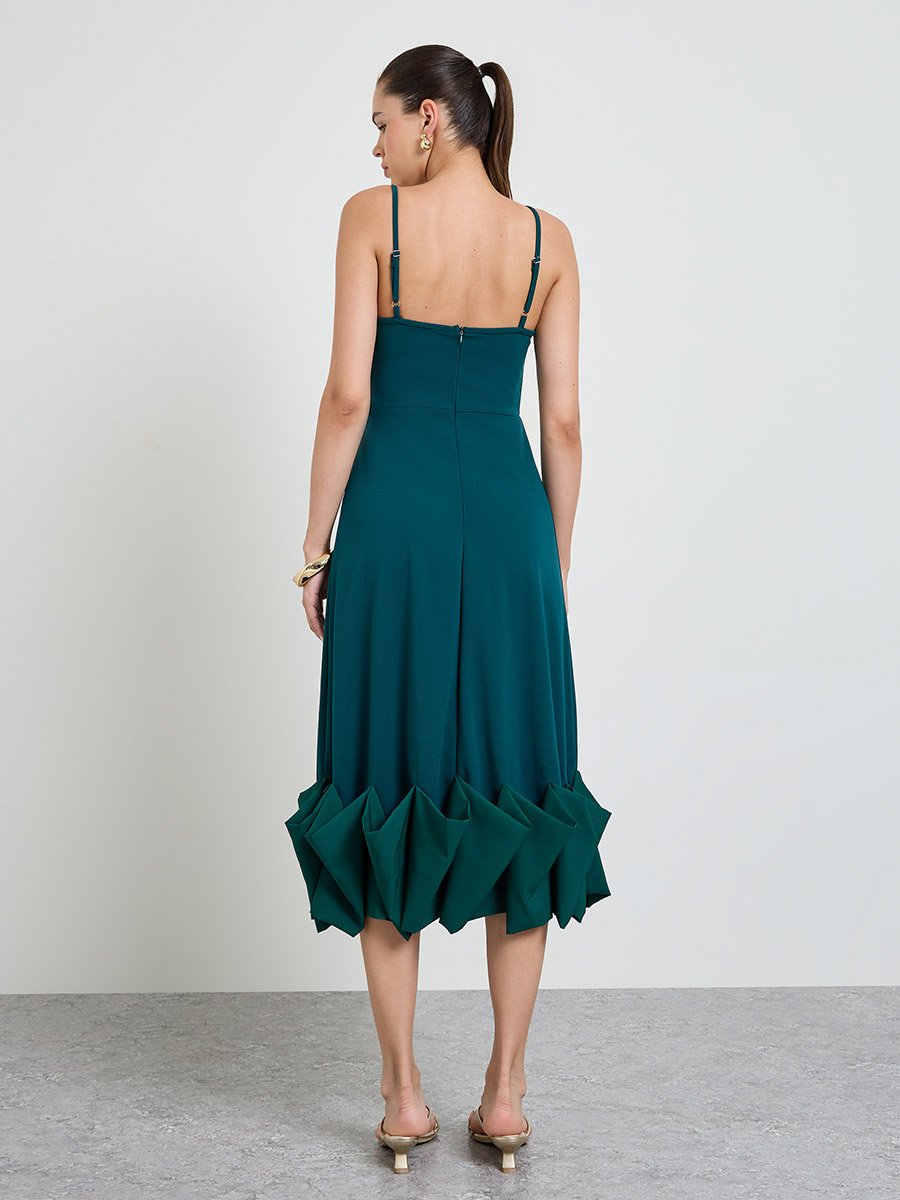 Turquoise Strappy A-Line Midi Dress with Ruffled Hem