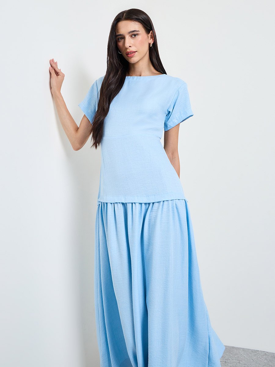 Blue Solid Drop Waist A-Line Maxi Dress