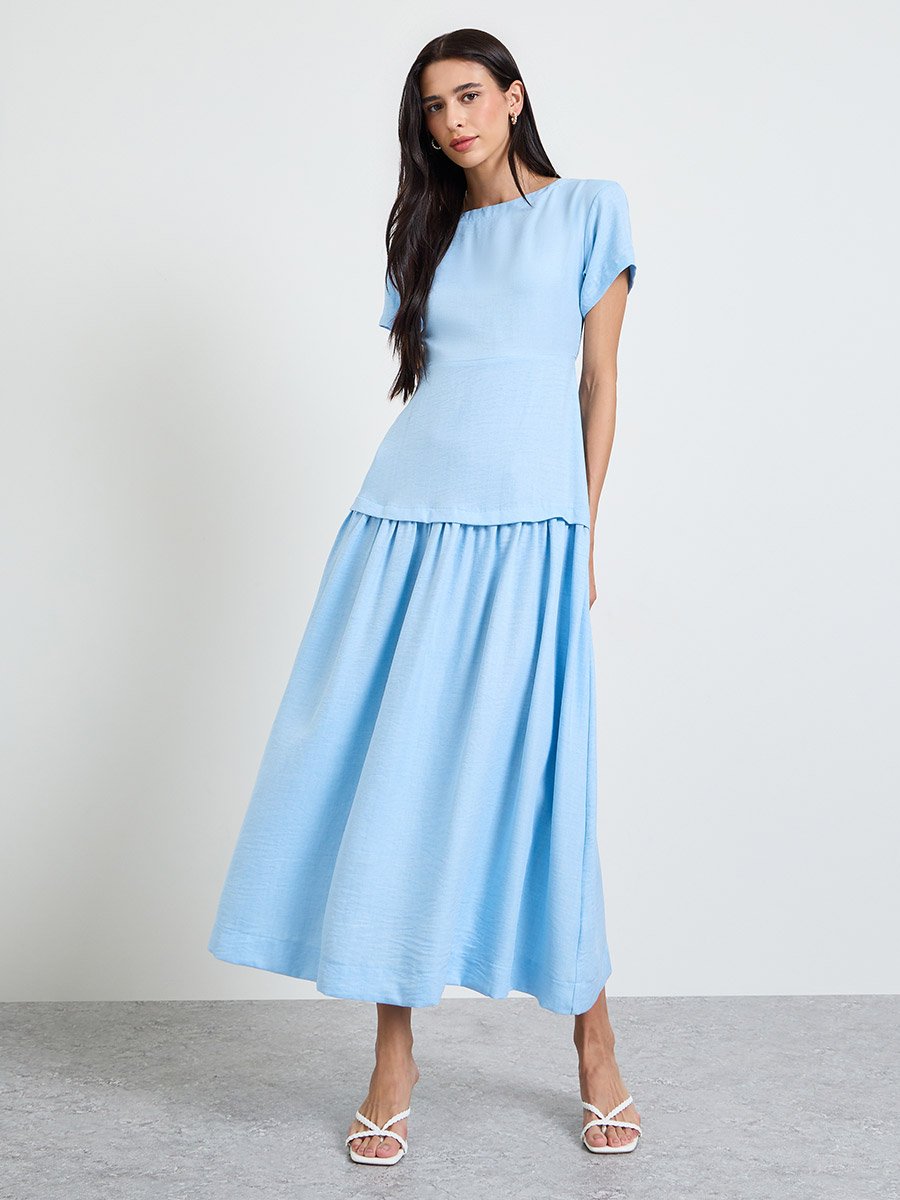 Blue Solid Drop Waist A-Line Maxi Dress