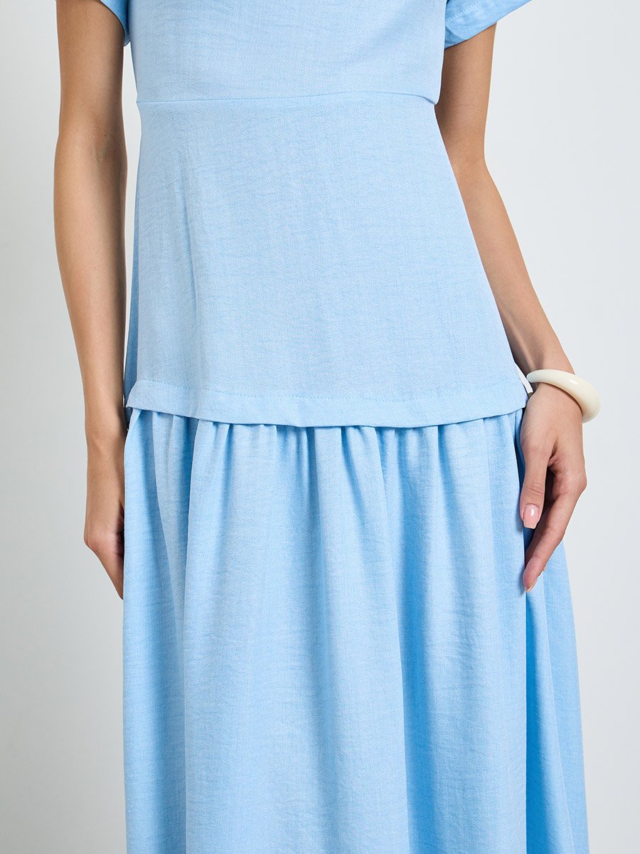 Blue Solid Drop Waist A-Line Maxi Dress