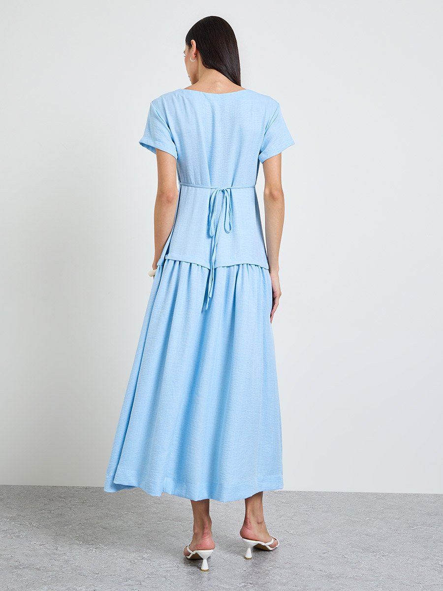 Blue Solid Drop Waist A-Line Maxi Dress