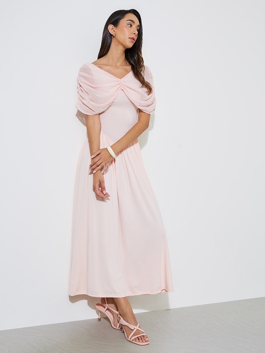 Light Pink A-Line Maxi Dress with Removable Short Cape